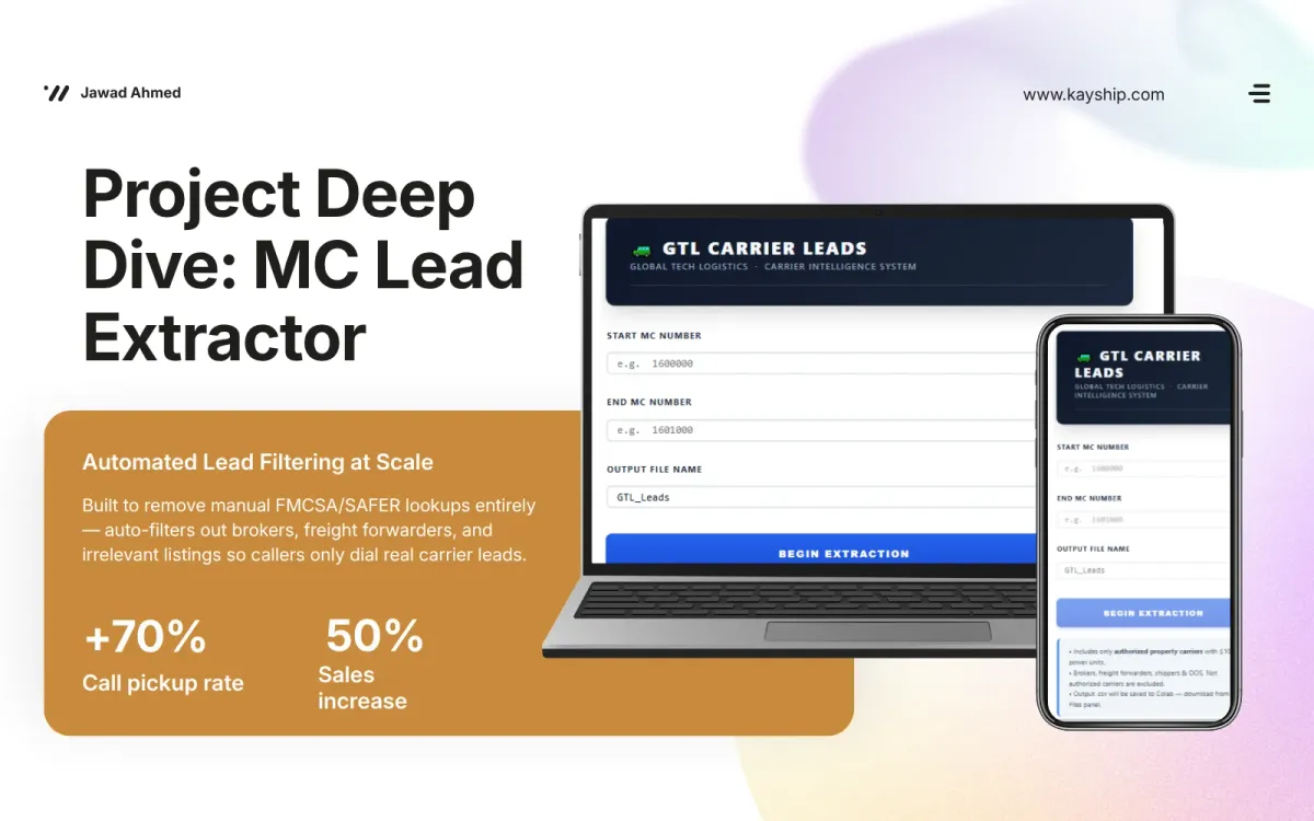 MC Lead Scraper tool interface showing MC number range input and extraction controls